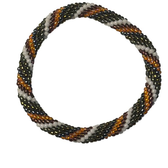 Sashka Bracelet Handmade Boho Chic Crochet Beaded Roll-On Brown Orange White 3" - Picture 1 of 3